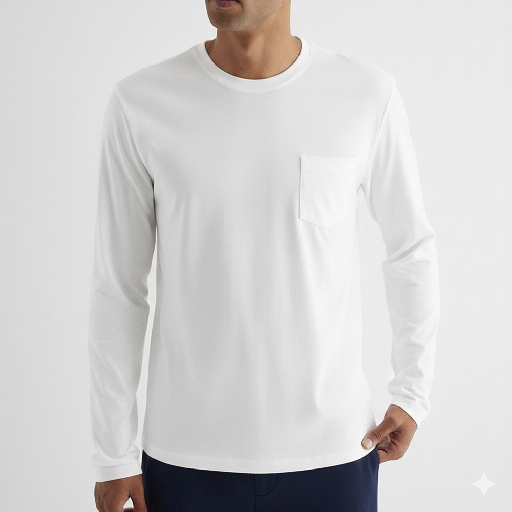 Express Mens Pocket Crew Neck Perfect Pima Cotton Long Sleeve T-Shirt White S